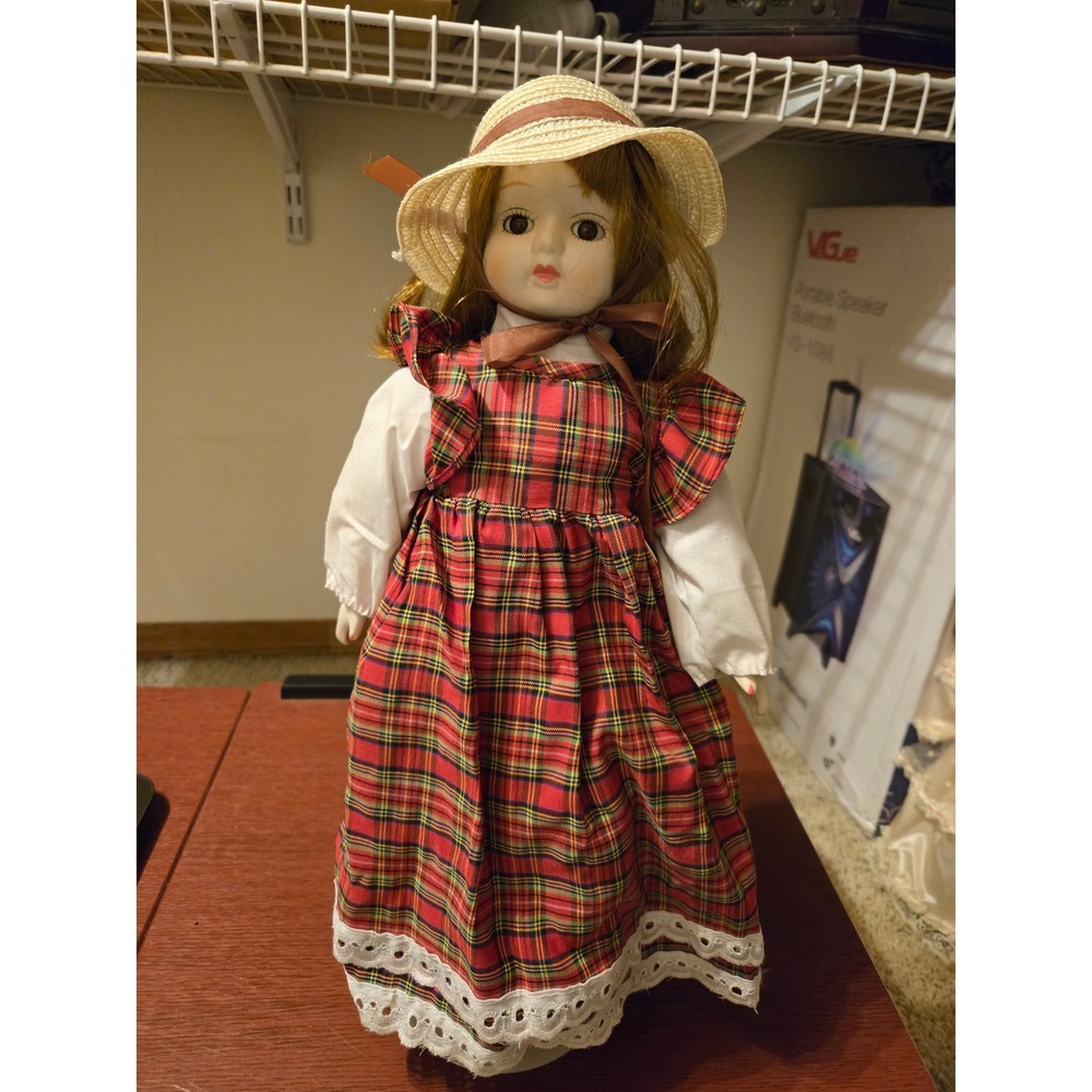 Vintage Porcelain Doll Red Plaid Dress Straw Hat Brown Hair Collector Doll